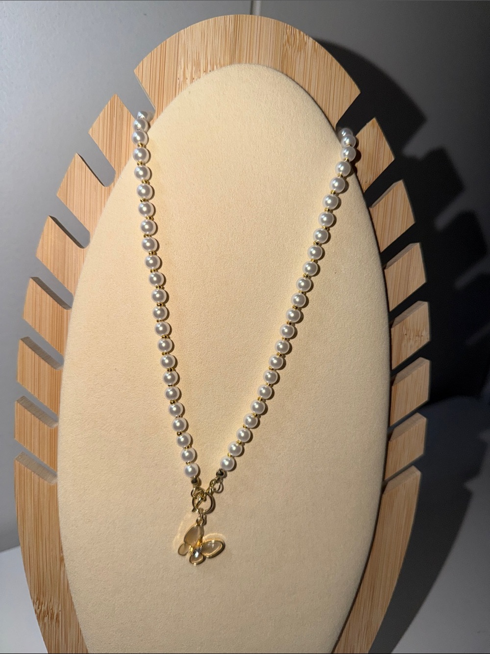 Pearl Bead Necklace with Gold Butterfly Charm - White